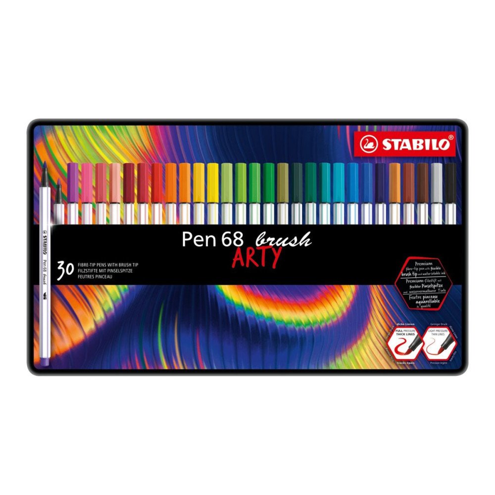 Produktbild för STABILO Pen 68 Brush ARTY - fiberspetspenna - blå, blågrön, brun, mörkröd, gul, yellow red, grön jord, grön, ljusblå, ljusgrön, ljusröd, lövgrön, mörklila, medium gray, ocher dark, orange, plommon, pistasch, preussiskt blå, karmosinröd, rosa, roströd, ler