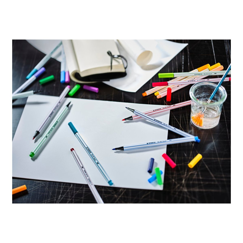 Produktbild för STABILO Pen 68 Brush ARTY - fiberspetspenna - blå, blågrön, brun, mörkröd, gul, yellow red, grön jord, grön, ljusblå, ljusgrön, ljusröd, lövgrön, mörklila, medium gray, ocher dark, orange, plommon, pistasch, preussiskt blå, karmosinröd, rosa, roströd, ler