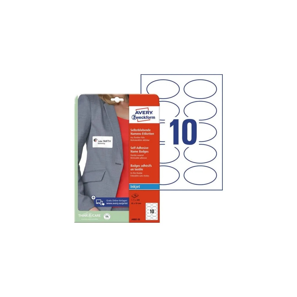 Produktbild för Navneskilte Avery 85x50 mm, ovale, hvid, klæber på tøj, til...