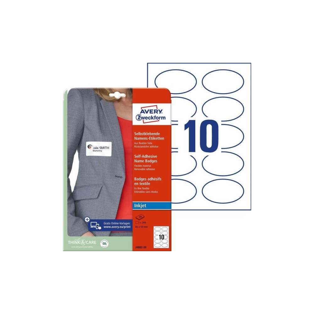 Produktbild för Navneskilte Avery 85x50 mm, ovale, hvid, klæber på tøj, til...