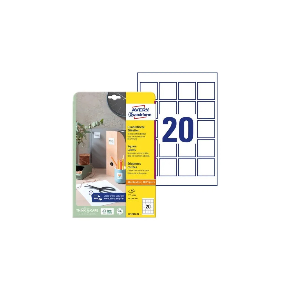 Produktbild för Avery 6252REV-10 45 x 45 mm, A4, vit Vit Vit 327x219x5mm (10...