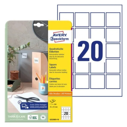 AVERY Avery 6252REV-10 45 x 45 mm, A4, vit Vit Vit 327x219x5mm (10...