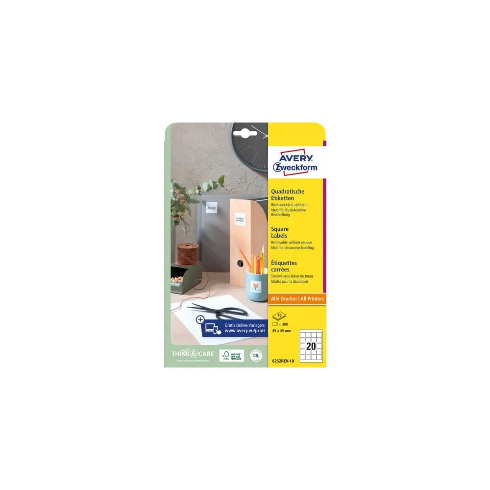 Produktbild för Avery 6252REV-10 45 x 45 mm, A4, vit Vit Vit 327x219x5mm (10...
