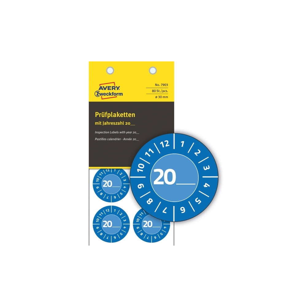 Produktbild för Blå inspektionsetiket Ø30 mm med årstal 20__ til selv at udf...