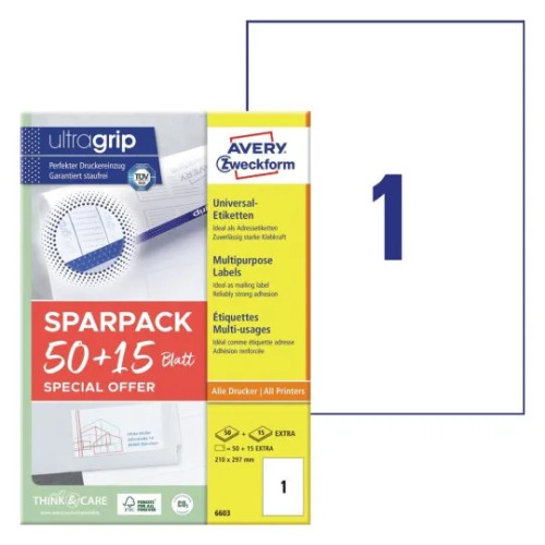 AVERY Universaletiketter Avery 210x297 mm, hvid med Ultragrip +30%...