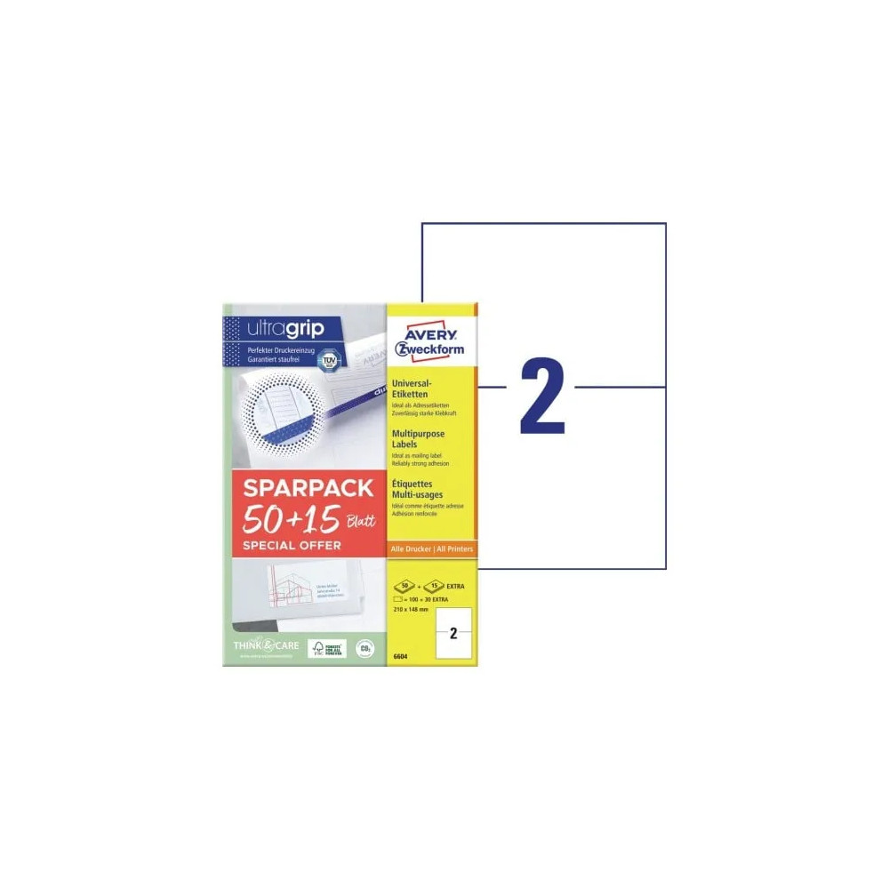Produktbild för Universaletiketter Avery 210x148 mm, hvid med Ultragrip + 30...
