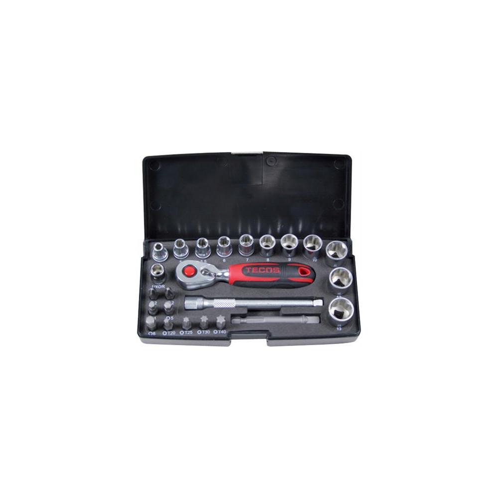Produktbild för TECOS Top-nyckelsats 1/4", 24delar toppar 4-13mm, bitar, ada...
