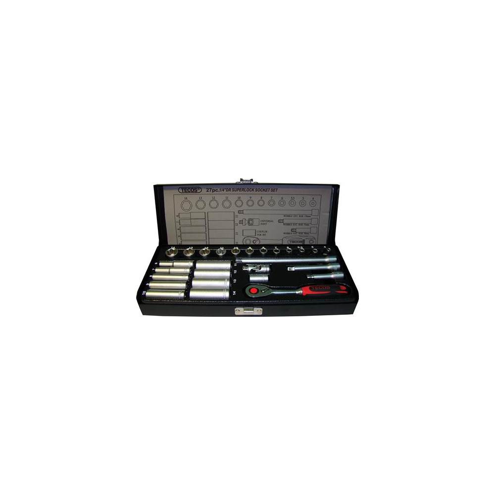 Produktbild för Hylssats Tecos 1/4" korta/långa hylsor T-0627M 27 delar Supe...