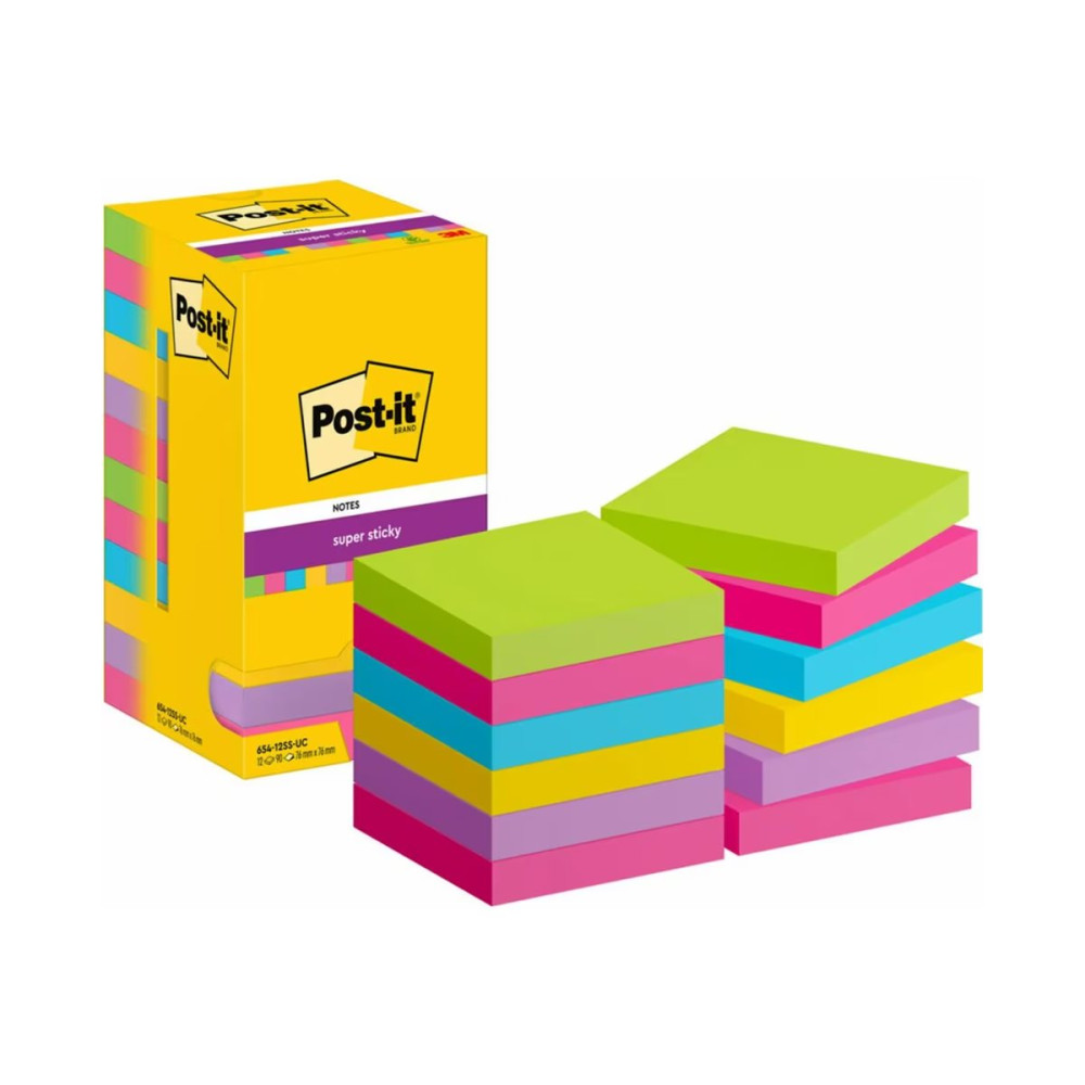 Produktbild för Post-it Super Sticky 654-12SSUC - klisterlappar - 76 x 76 mm - 1080 ark (12 x 90)