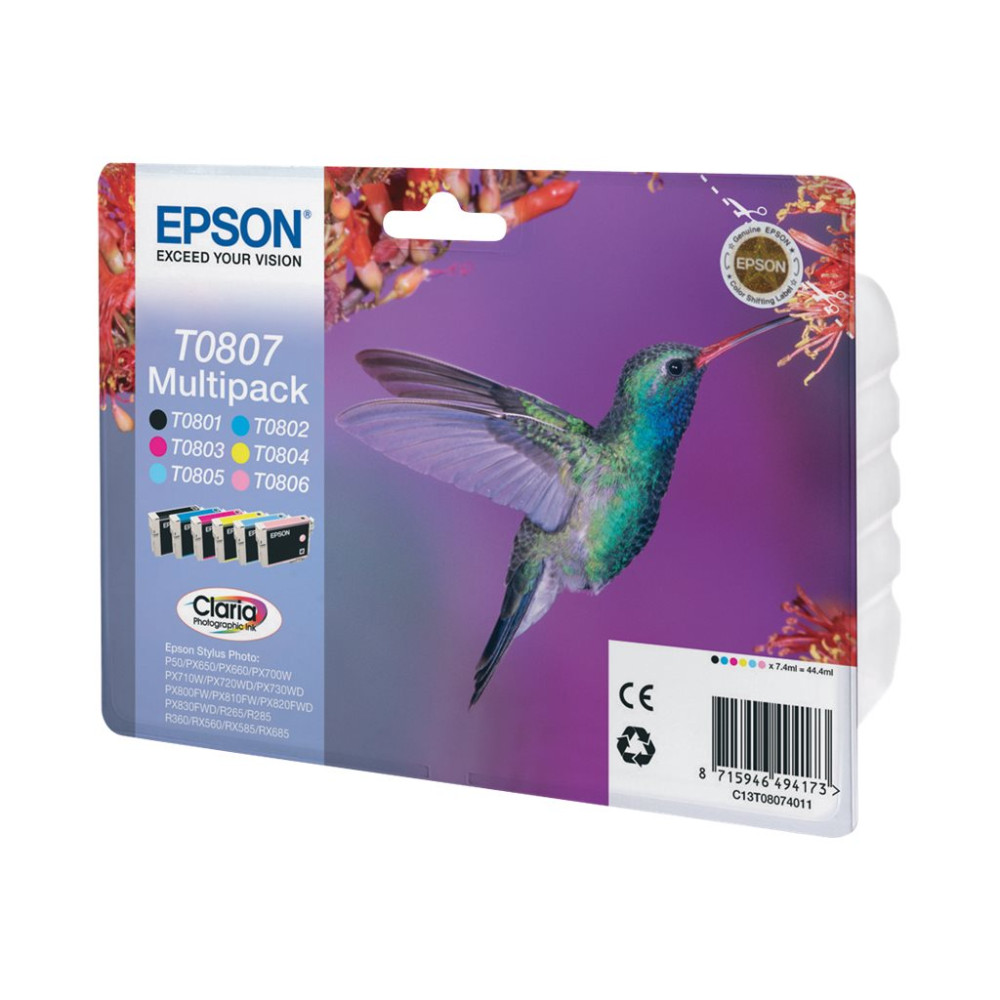 Produktbild för Epson T0807 Multipack - svart, gul, cyan, magenta, ljus magenta, ljus cyan - original - bläckpatron