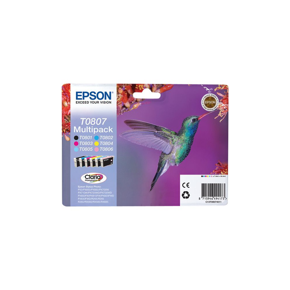 Produktbild för Epson T0807 Multipack - svart, gul, cyan, magenta, ljus magenta, ljus cyan - original - bläckpatron