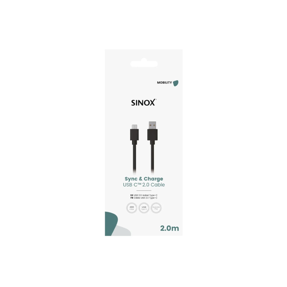 Produktbild för Sinox SOE05062, 2 m, USB C, USB A, USB 2.0, 0,48 Gbit/s, Sva...