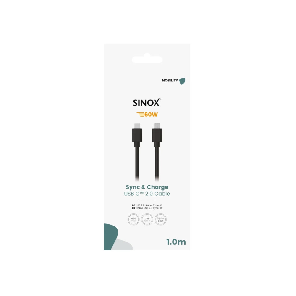 Produktbild för Sinox SOE06361, 1 m, USB C, USB C, USB 2.0, 0,48 Gbit/s, Sva...
