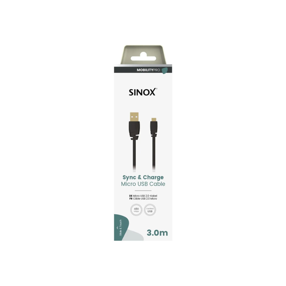 Produktbild för Sinox SOI04903, 3 m, Micro-USB B, USB A, USB 2.0, 0,48 Gbit/...