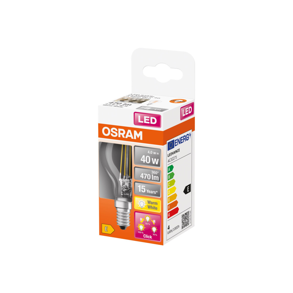 Produktbild för OSRAM LED THREE STEP CLASSIC P - LED-glödlampa - form: P40 - klar finish - E14 - 4 W - varmt vitt ljus - 2700 K