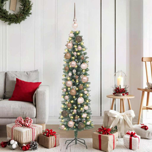 vidaXL Konstgjort smalt julträd med 150 LED-lampor Grön och Vit 120 cm