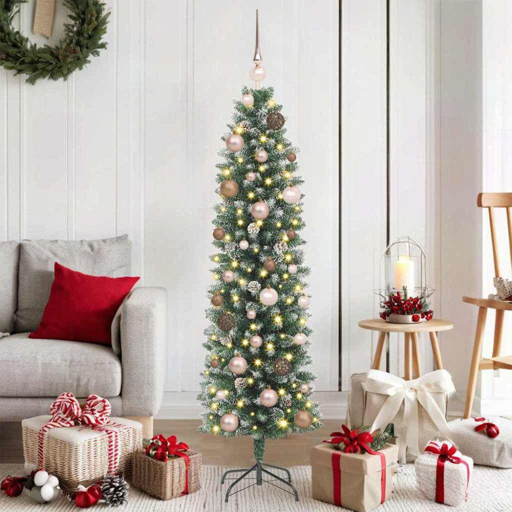 Produktbild för Konstgjort smalt julträd med 150 LED-lampor Grön och Vit 150 cm