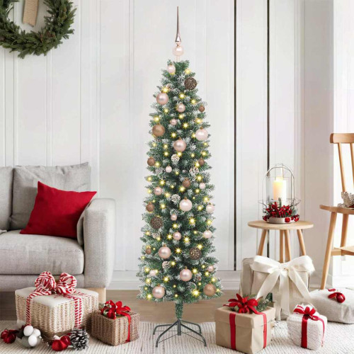vidaXL Konstgjort smalt julträd med 150 LED-lampor Grön och Vit 150 cm