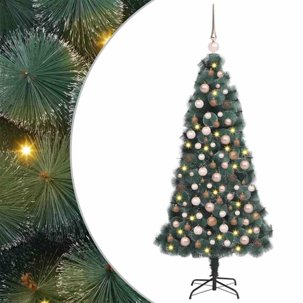 Produktbild för Konstgjord förbelyst julgran med bollar Grön 150 cm PET