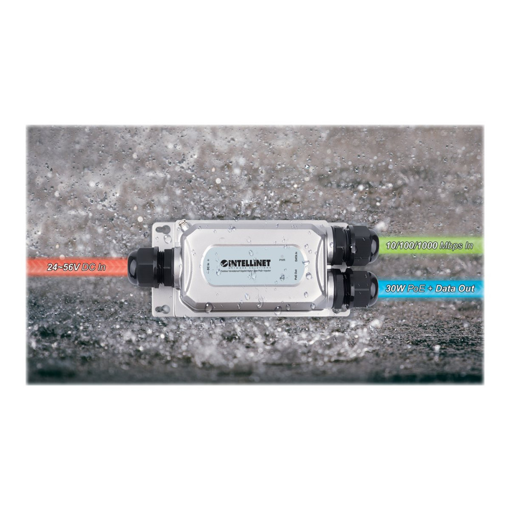Produktbild för Intellinet Outdoor Vandalproof Gigabit High-Power PoE+ Injector, One 30 W Port, IEEE 802.3at/af Compliant, IP67 Waterproof, IK10 Vandal-proof, Metal Housing - strömtillförsel - 30 Watt