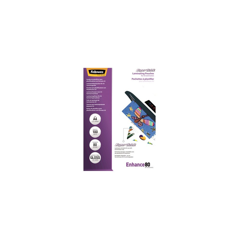 Produktbild för Fellowes Laminating Pouches SuperQuick Enhance 80 micron - 100-pack - glättat - A4 - lamineringsfickor