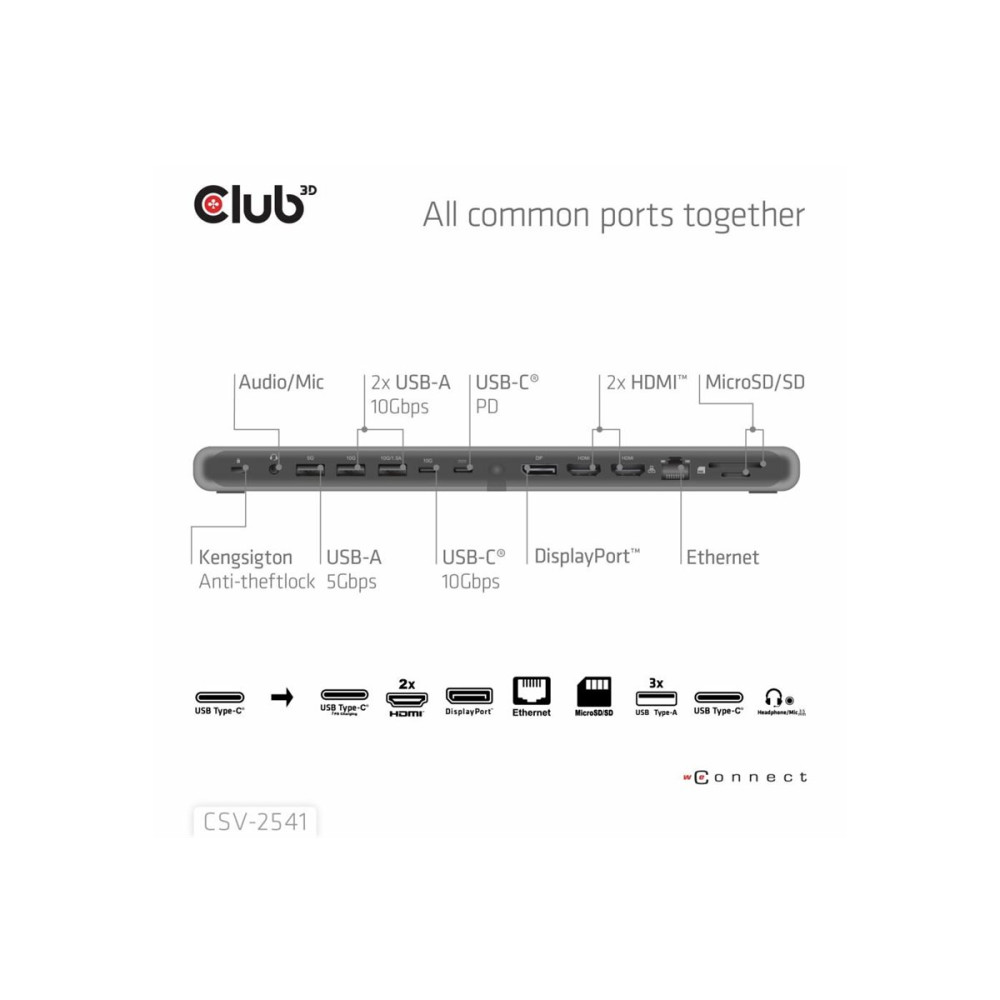 Produktbild för Club 3D - dockningsstation - USB-C - 2 x HDMI, DP - 1GbE