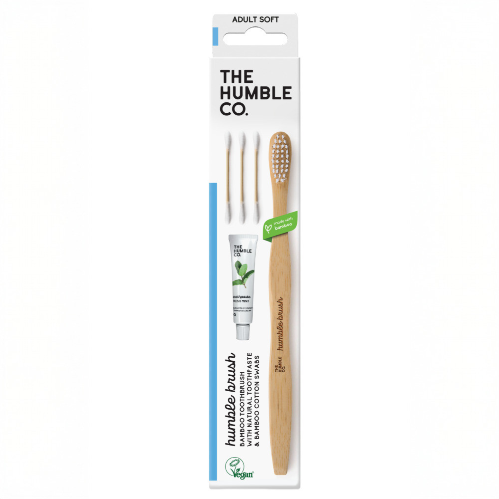 Produktbild för Humble Brush Vit Soft med Tandkräm och Bomullstops
