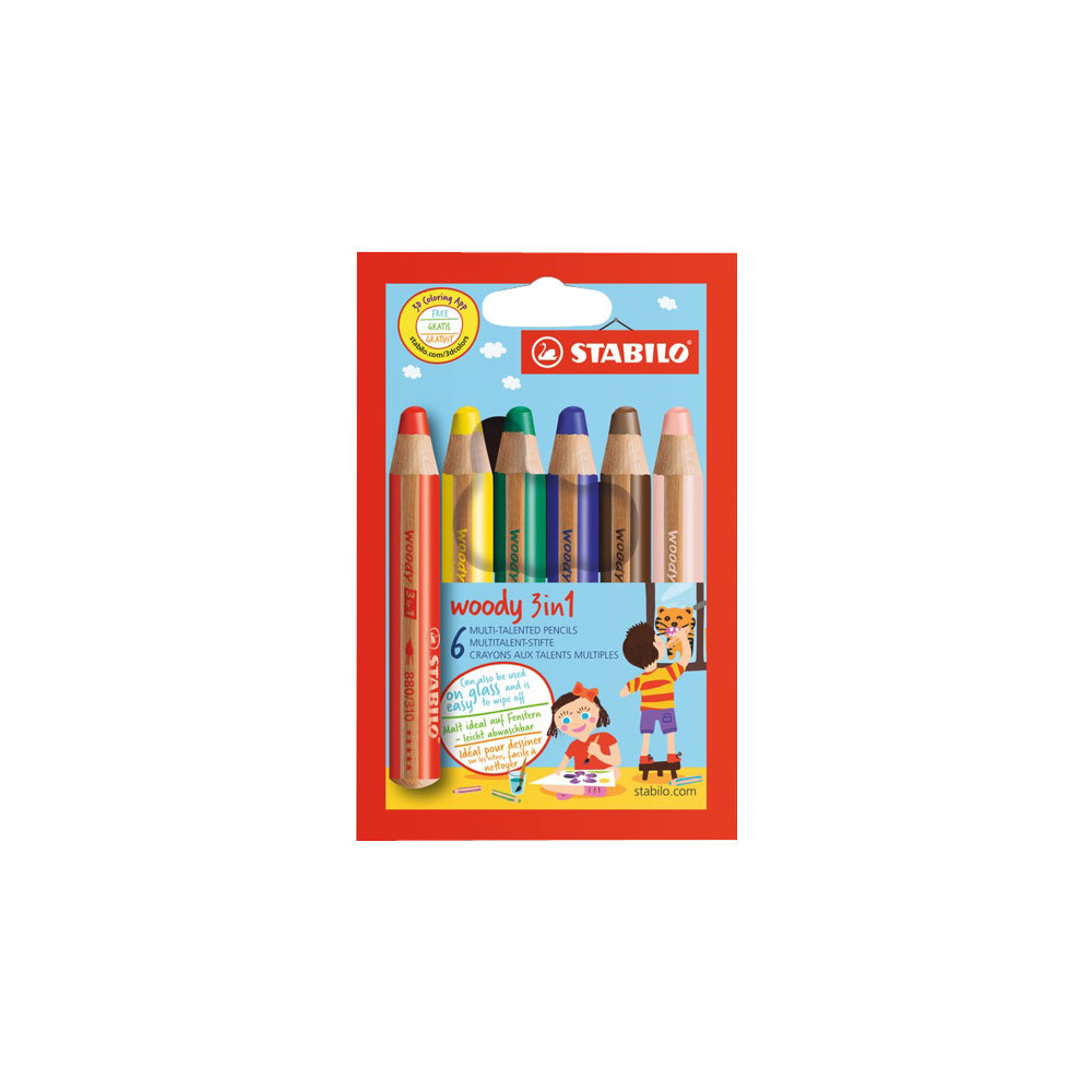 Produktbild för STABILO woody 3 in 1 - färgpenna - gul, brun, ultramarin, lila, STABILO-red, mörkröd (paket om 6)