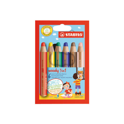 STABILO STABILO woody 3 in 1 - färgpenna - gul, brun, ultramarin, lila, STABILO-red, mörkröd (paket om 6)