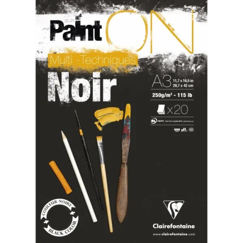Clairefontaine Paint-On block A3 250 g 20 ark svart papper, multi teknik, t...