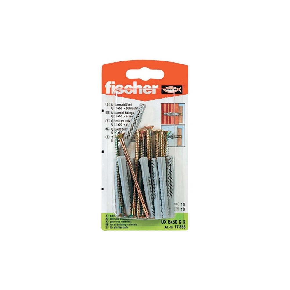 Produktbild för Fischer UX 6 x 50 S, Kit med skruv och väggplugg, Betong, Gr...