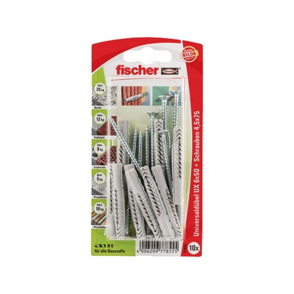 Produktbild för Fischer UX 6 x 50 S, Kit med skruv och väggplugg, Betong, Gr...