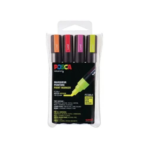 POSCA Paintmarker Uni Posca PC-5M med 4 stk. ass. flourescerende f...