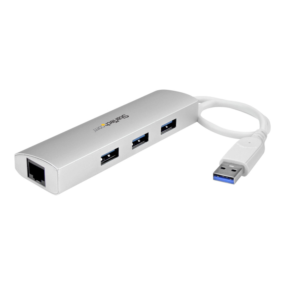 Produktbild för Startech Bärbar USB 3.0-hubb med 3 portar plus Gigabit Ethernet - inbyggd kabel - hubb - 3 portar