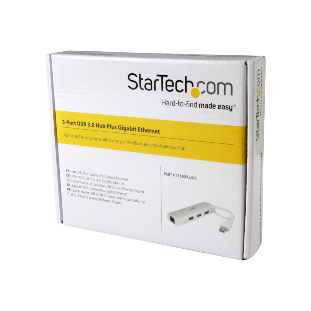 Produktbild för Startech Bärbar USB 3.0-hubb med 3 portar plus Gigabit Ethernet - inbyggd kabel - hubb - 3 portar