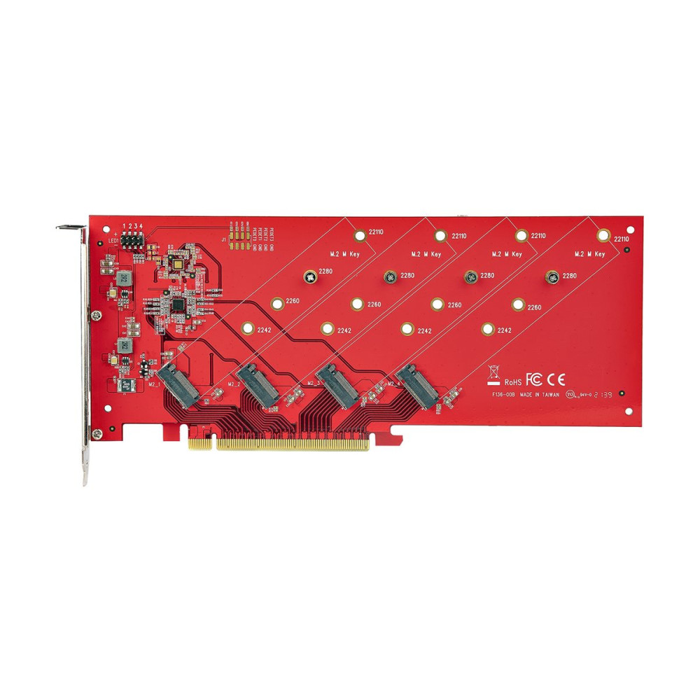 Produktbild för StarTech.com Quad M.2 PCIe Adapter Card, x16 Quad NVMe or AHCI M.2 SSD to PCI Express 4.0, Up to 7.8GBps/Drive, For 2242/2260/2280/22110mm PCIe M-Key M2 SSDs, Bifurcation Required - PC/Linux Compatible (QUAD-M2-PCIE-CARD-B) - gränssnittsadapter - M.2 Card