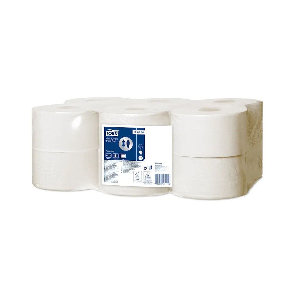 Produktbild för Tork Advanced T2 Mini Jumbo - toalettpapper - 850 ark - rulle - 170 m - vit med lövtryck