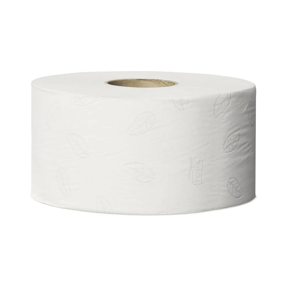 Produktbild för Tork Advanced T2 Mini Jumbo - toalettpapper - 850 ark - rulle - 170 m - vit med lövtryck