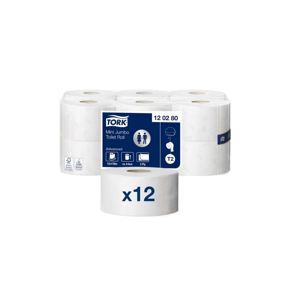 Produktbild för Tork Advanced T2 Mini Jumbo - toalettpapper - 850 ark - rulle - 170 m - vit med lövtryck