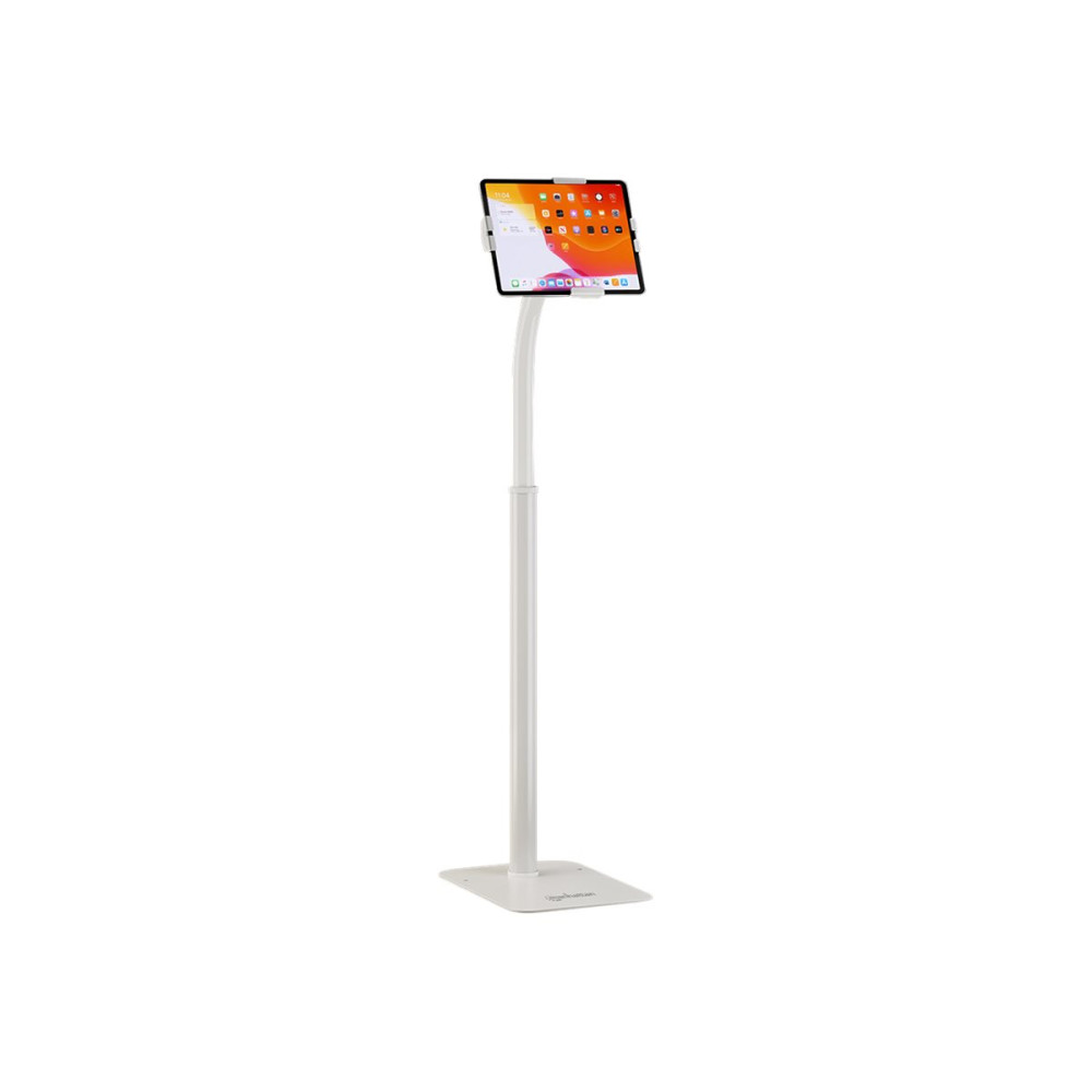 Produktbild för Manhattan Floor Stand (Anti theft) for Tablet and iPad, Universal, 360° Rotation, Tilt +20° to -110°, White, Lockable, Tablets 7.9" to 11", Height adjustable 790 to 1190mm,Extendable clamps: height 200 to 246mm/width 129 to 181mm,Can be bolted to floor (p
