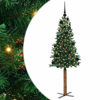 Produktbild för Smal julgran med 150 LED-lampor Grön 150 cm PVC och solid furu
