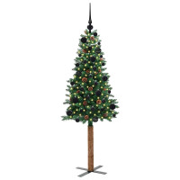 Produktbild för Smal julgran med 150 LED-lampor Grön 150 cm PVC och solid furu