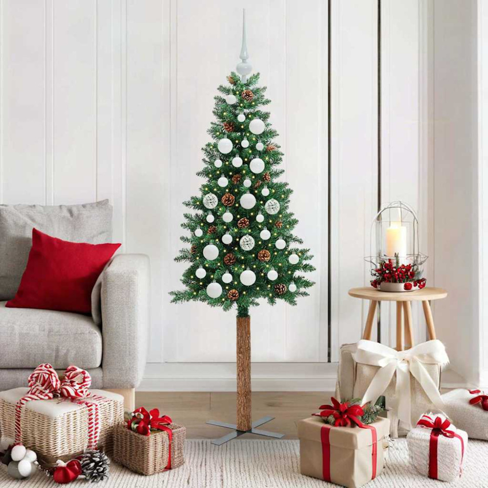 Produktbild för Smal julgran med 150 LED-lampor Grön 150 cm PVC och solid furu