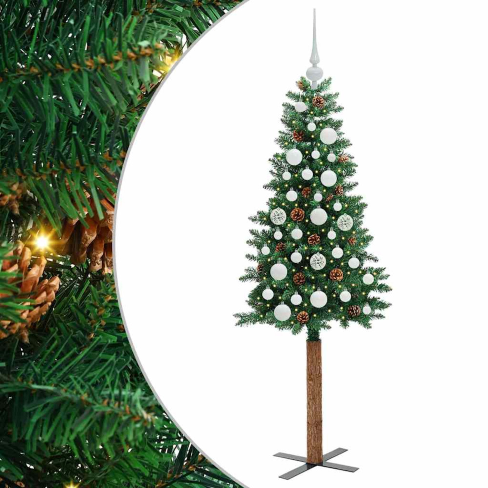 Produktbild för Smal julgran med 150 LED-lampor Grön 150 cm PVC och solid furu