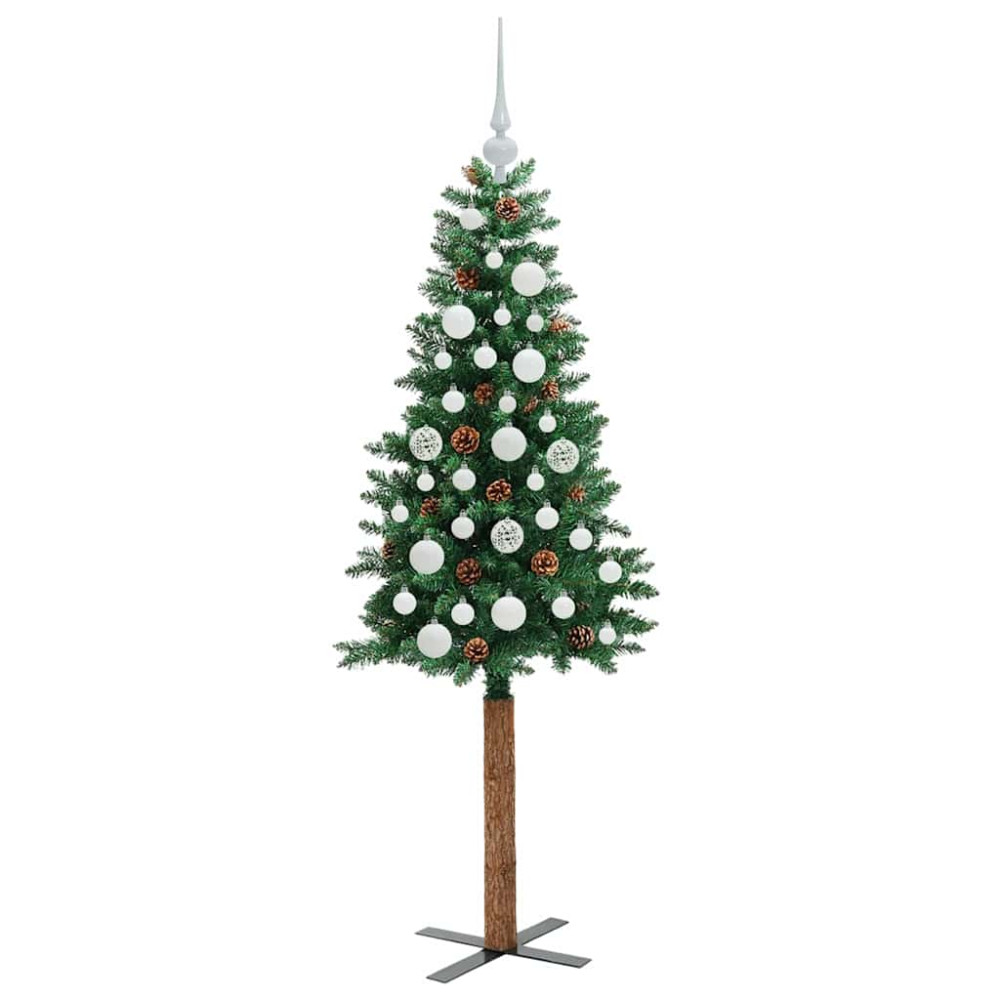 Produktbild för Smal julgran med 150 LED-lampor Grön 150 cm PVC och solid furu
