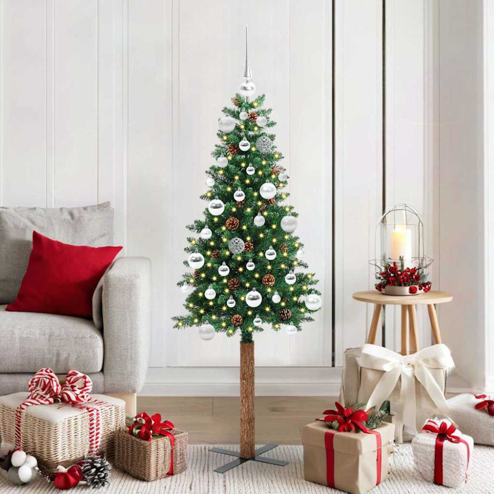 Produktbild för Smal julgran med 150 LED-lampor Grön 150 cm PVC och solid furu