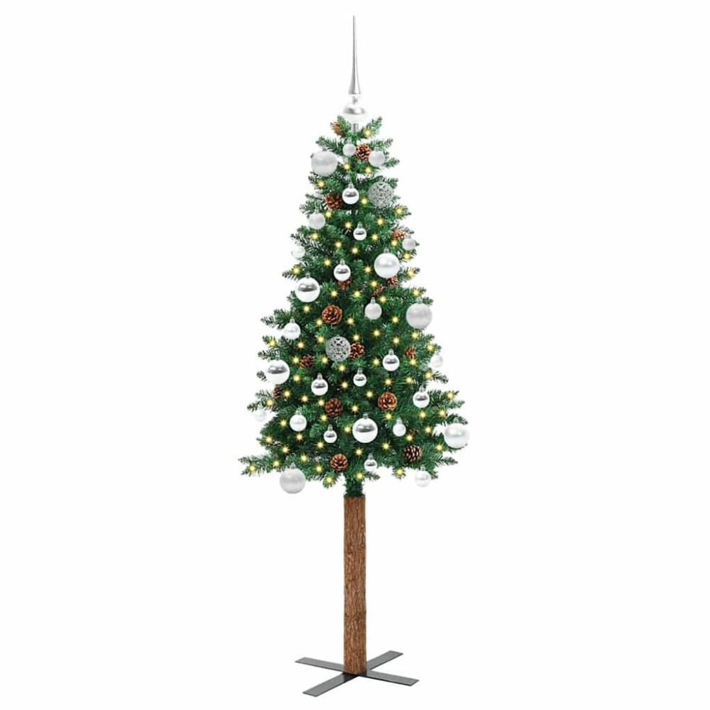Produktbild för Smal julgran med 150 LED-lampor Grön 150 cm PVC och solid furu