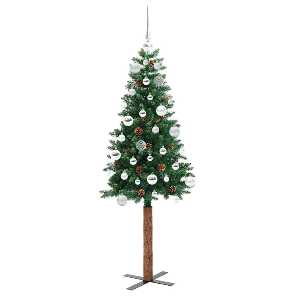 Produktbild för Smal julgran med 150 LED-lampor Grön 150 cm PVC och solid furu
