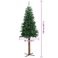 Produktbild för Smal julgran med 150 LED-lampor Grön 150 cm PVC och solid furu