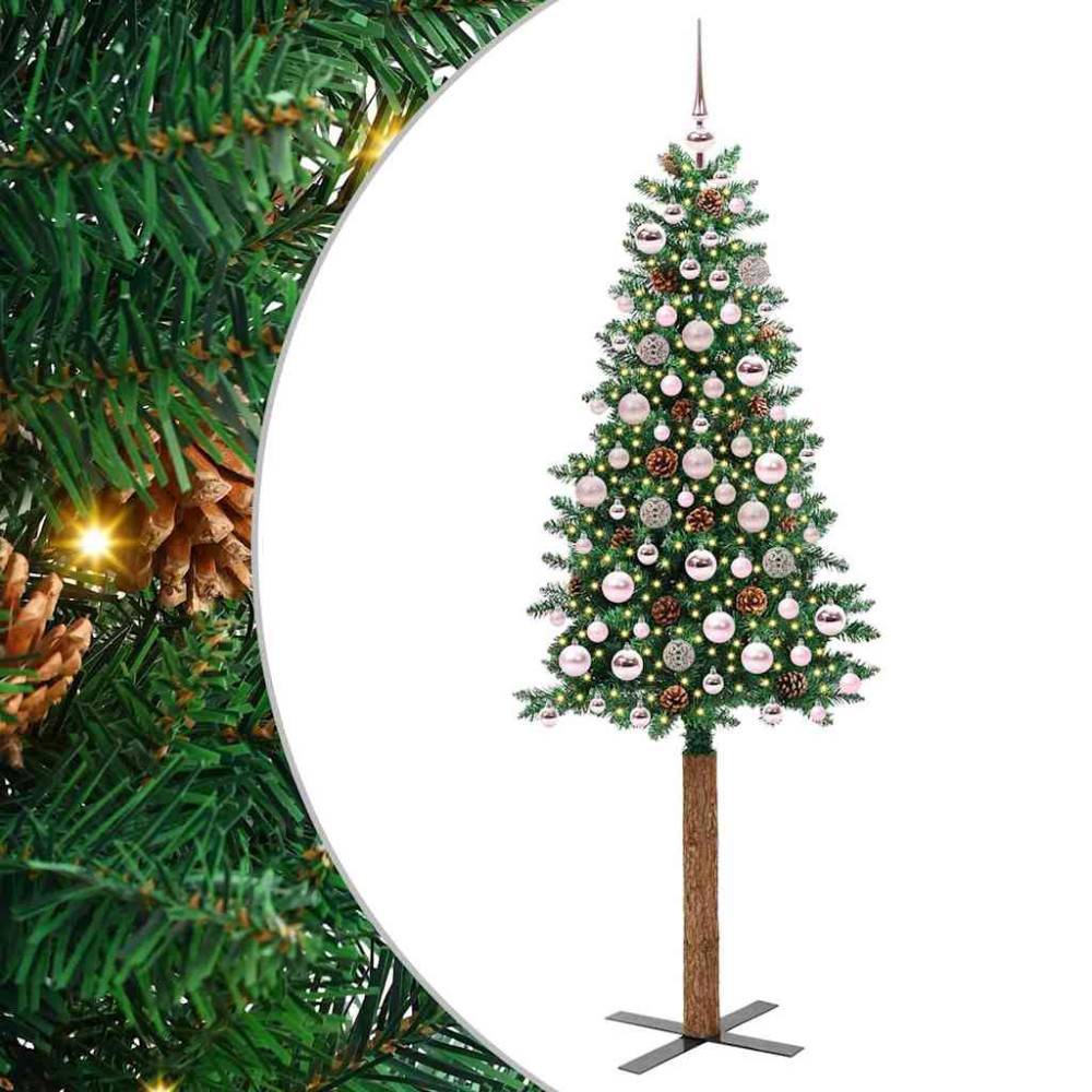 Produktbild för Smal julgran med 300 LED-lampor Grön 180 cm PVC och solid furu